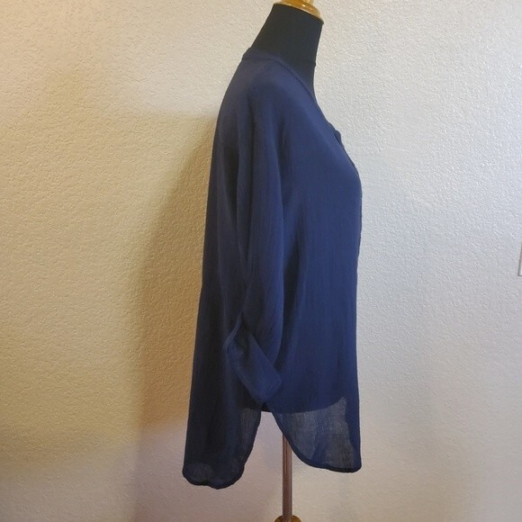 Three Dots Henley Semi Sheer Gauze Tunic Top M Navy Blue New - Picture 5 of 16